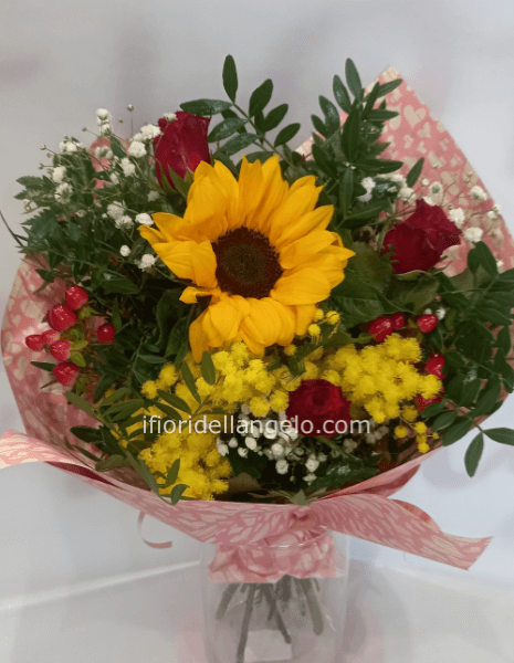 BOUQUET GIRASOLE ROSE E FIORI MISTI