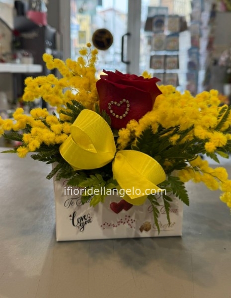 BUSTA DA LETTERE  ROSA ROSSA E MIMOSA